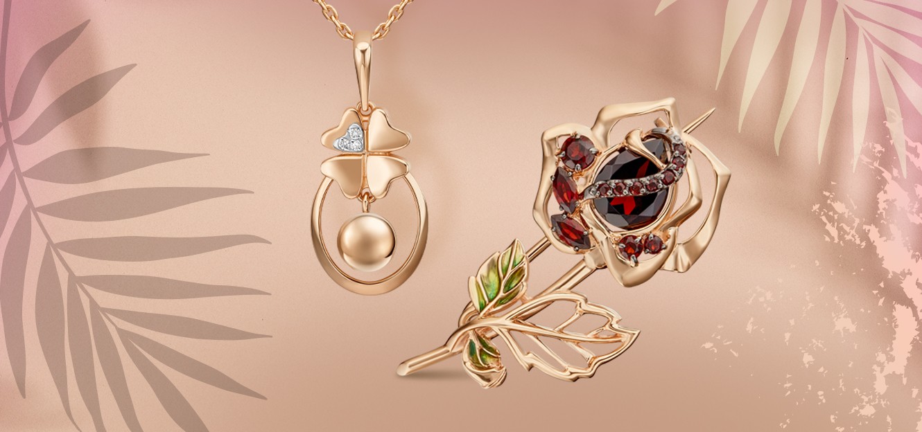 Брошь-роза из красного золота с гранатом и эмалью